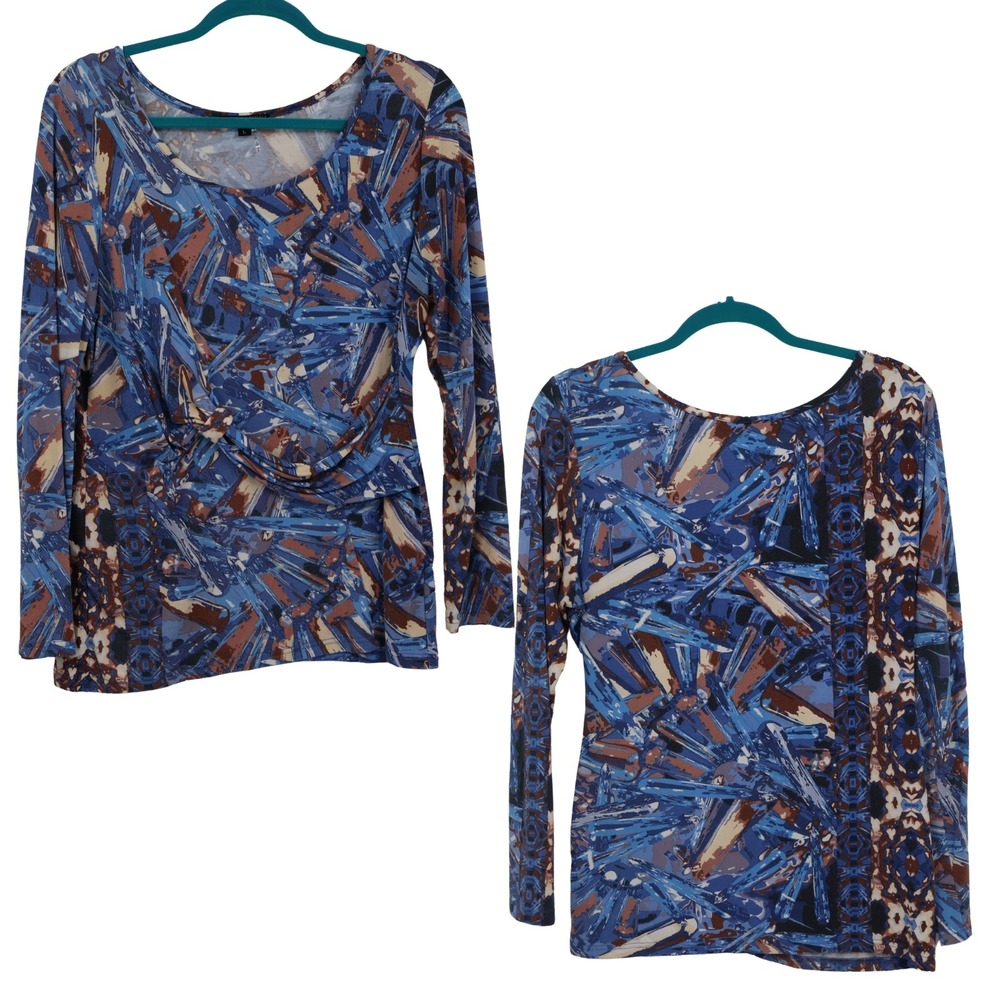 Alberto Makali Abstract Top Womens L Blue Mixed‎ Print Boho Maximalist Artsy
